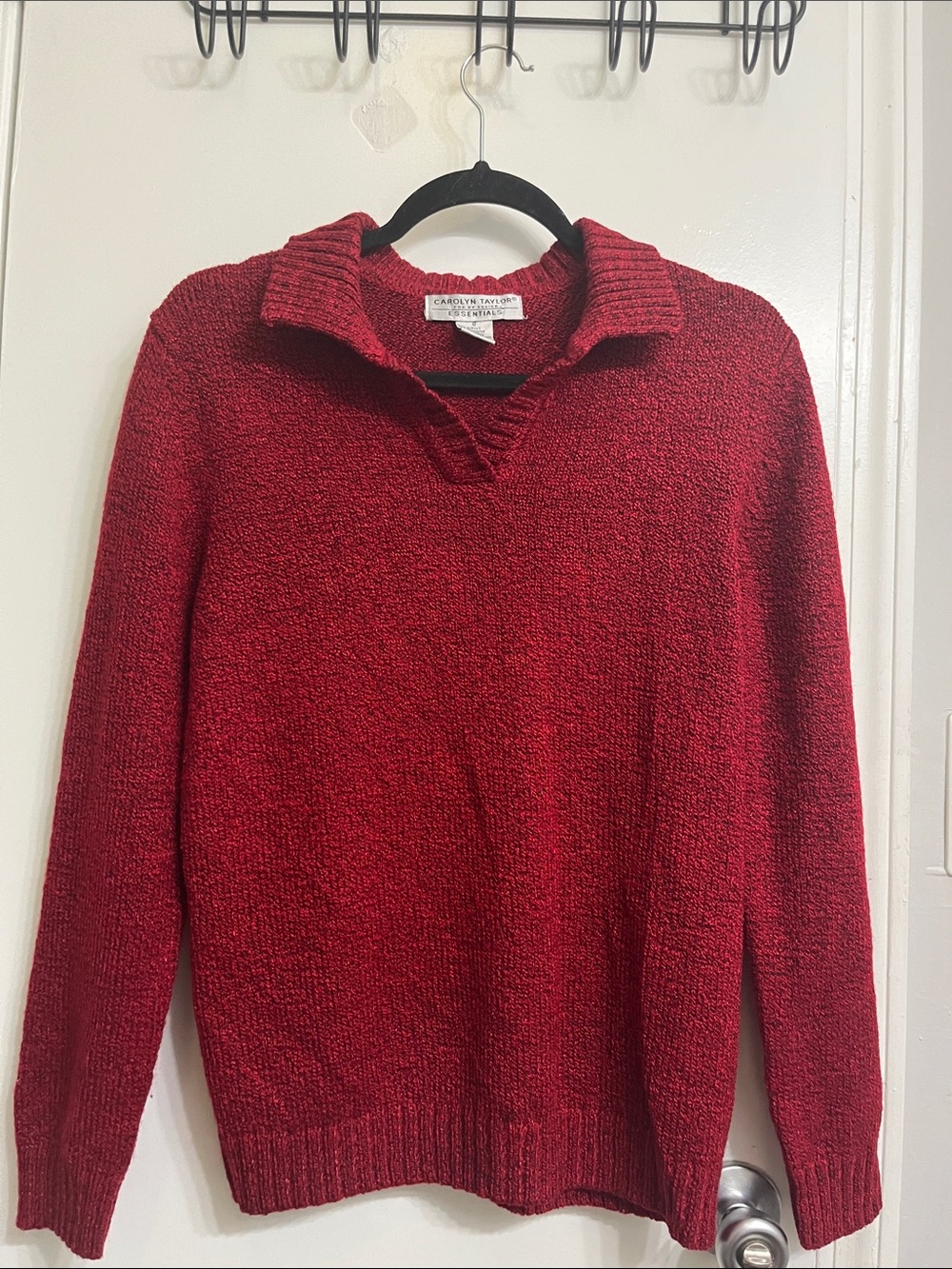 Carolyn Taylor Deep Red Textured V-Notch Collar Sweater